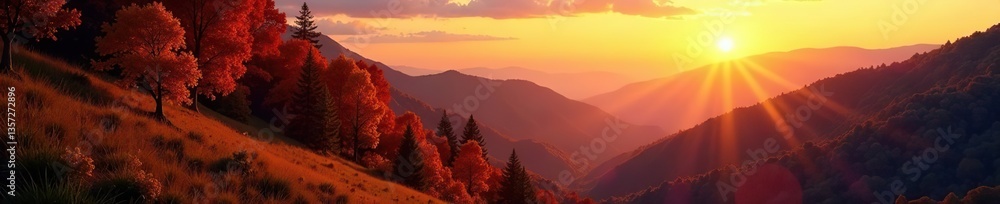 Obraz premium Autumn forest on a mountain hill glowing in the warm hues of sunset with colorful leaves and distant shadows, glowing, colorful