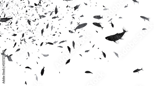 The image is a high-contrast, black and white abstract representation of a school of fish.  Numerous small, dark silhouettes of fish are scattered across a white background, creating a sense of