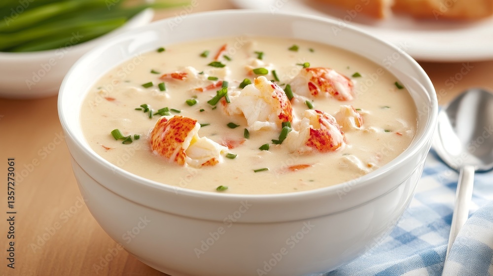 Creamy lobster bisque served in a white bowl with green onions and bread in the background Creamy lobster bisque served in a white bowl with green onions and bread in the background