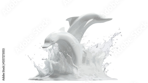 The image is a monochrome illustration or digital rendering of two dolphins leaping out of white water. The dolphins are depicted in a dynamic pose mid-leap, with splashes of water surrounding