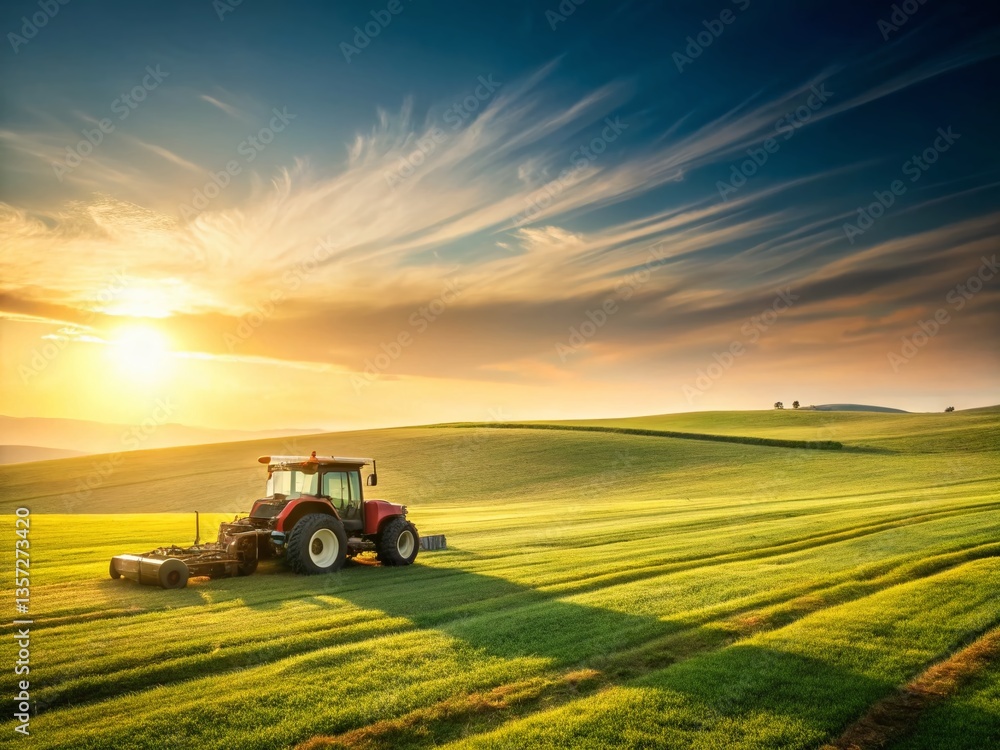 Fototapeta premium Minimalist Tractor Mowing Grass Field: Summer Rural Landscape