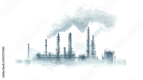 The image depicts an industrial complex rendered in shades of grey, blue, and white.  The factory structures are partially obscured by a dense fog or mist, creating an atmospheric perspective