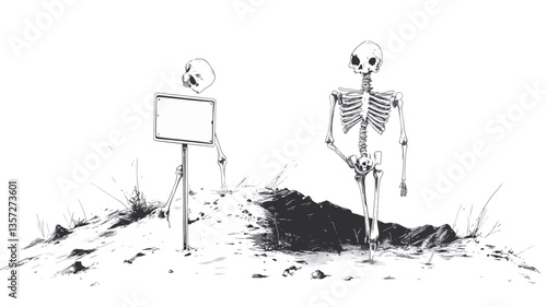 The image is a monochrome line drawing depicting two skeletons in a barren landscape. One skeleton holds a blank, rectangular signpost; the other stands near a mound of dark earth that resembles a