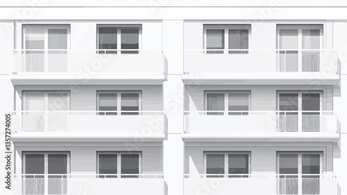 The image shows a close-up view of a modern apartment building's facade. The building is predominantly white with uniformly sized windows and balconies arranged in a repeating pattern.  The overall