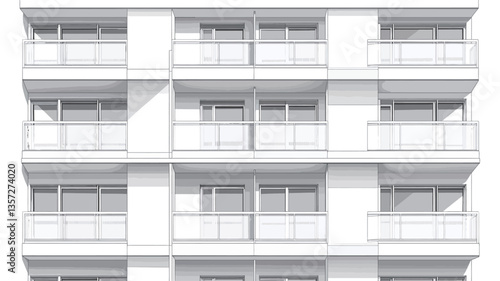 The image shows a digital rendering of a modern apartment building facade.  The building is rendered in grayscale, showing a multi-story structure with evenly spaced windows and balconies. The