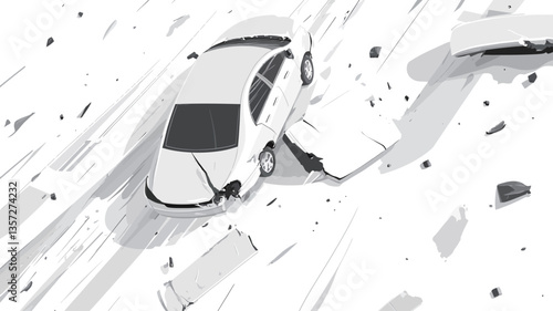 The image is a grayscale illustration depicting a car crash. The style is abstract with motion lines suggesting speed and impact. The car is shown at an angle, with visible damage and scattered