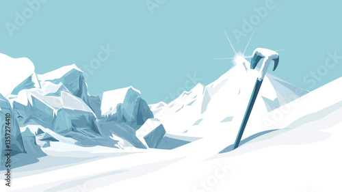 The image is a stylized vector illustration or graphic rendering depicting a skier descending a snowy mountain. The style is low-poly, characterized by the use of simple polygons to create the