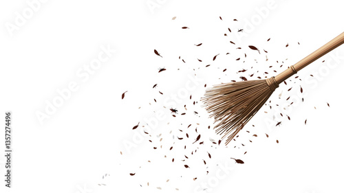 Close-up shot of a brown broom sweeping dust particles against a pure white background.  The broom is angled, with the bristles in motion, and small dark brown particles appear to be flying away