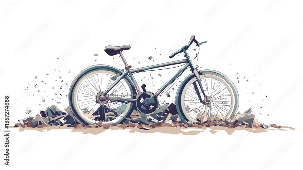 Fototapeta premium A stylized illustration of a mountain bike resting on a patch of dirt and rocks. The bike is depicted in a slightly weathered or vintage style, with visible texture on the frame and components. The