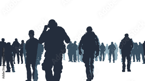 The image shows a large group of people depicted as dark blue silhouettes against a bright white background. The silhouettes vary slightly in size and shape, suggesting depth and movement within