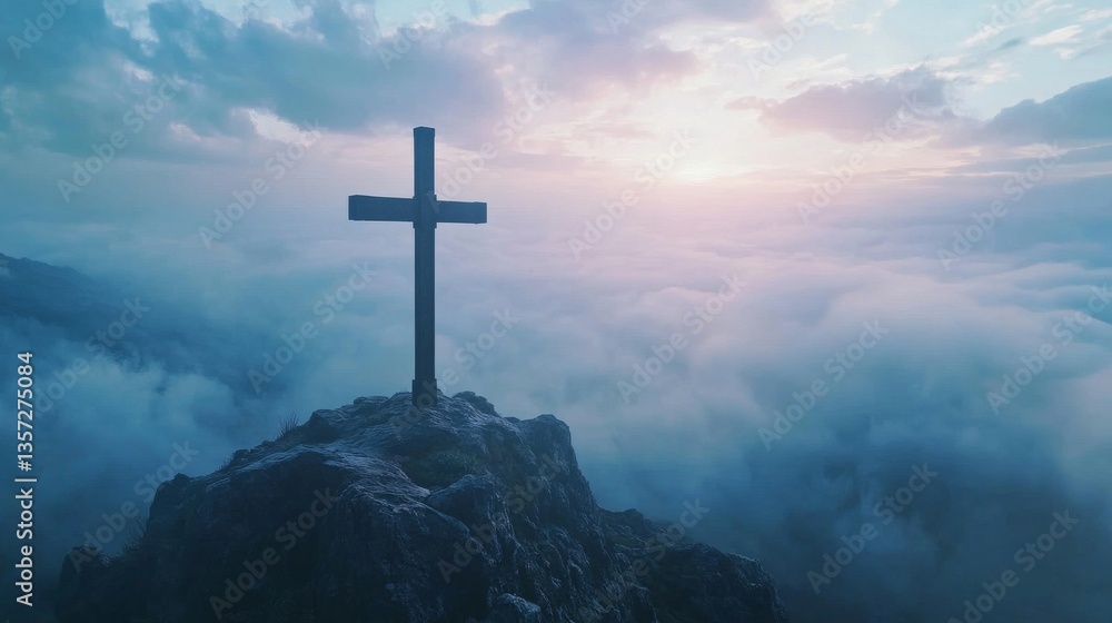 The cross of Jesus Christ standing on top of a mountain in the foggy valley at sunrise. Beautiful nature background with a dramatic sky and clouds, easter concept The cross of Jesus Christ standing on top of a mountain in the foggy valley at sunrise. Beautiful nature background with a dramatic sky and clouds, easter concept
