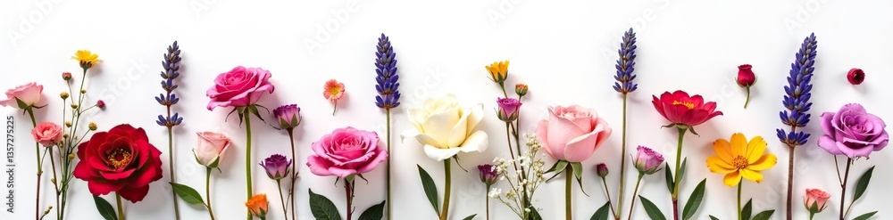 Fototapeta premium A variety of dried flowers including roses, lavender, and baby's breath on a clean white background, petals, floral arrangement