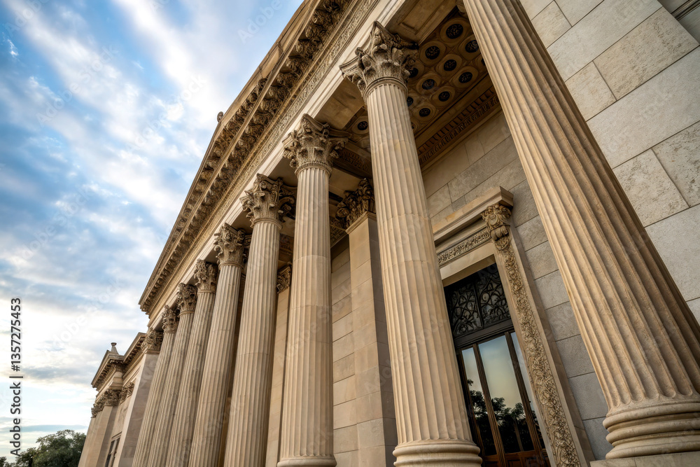 A majestic building featuring tall columns, ornate details, and a dramatic sky backdrop, showcasing classical architectural design. A majestic building featuring tall columns, ornate details, and a dramatic sky backdrop, showcasing classical architectural design.