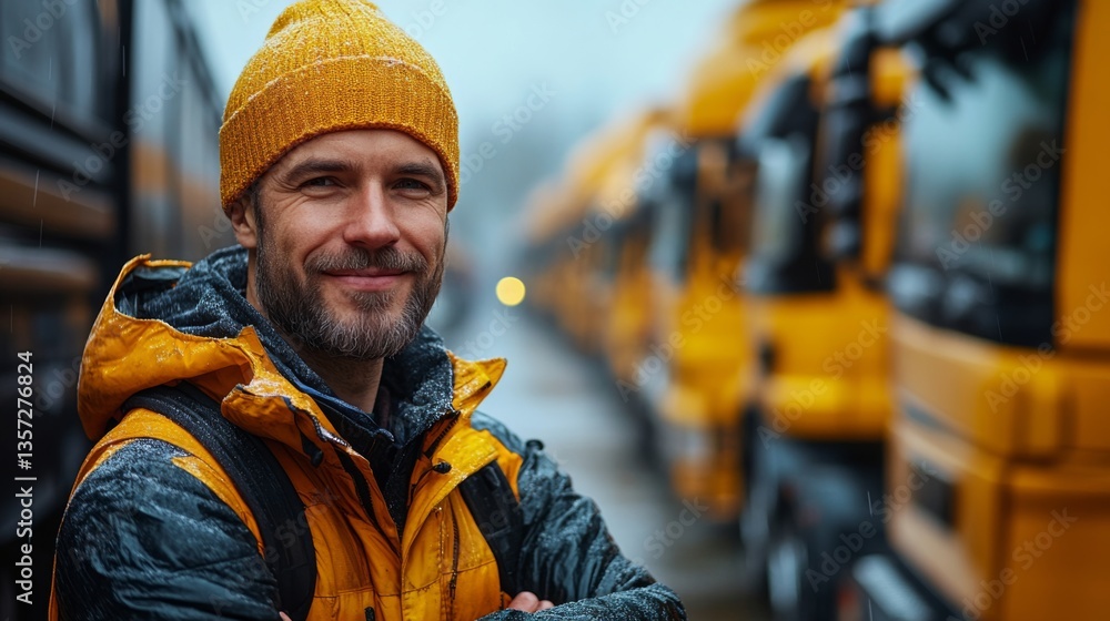 A confident logistics worker stands proudly near several yellow trucks in a busy distribution hub. The atmosphere is rainy, adding a dynamic feel to the environment. A confident logistics worker stands proudly near several yellow trucks in a busy distribution hub. The atmosphere is rainy, adding a dynamic feel to the environment.