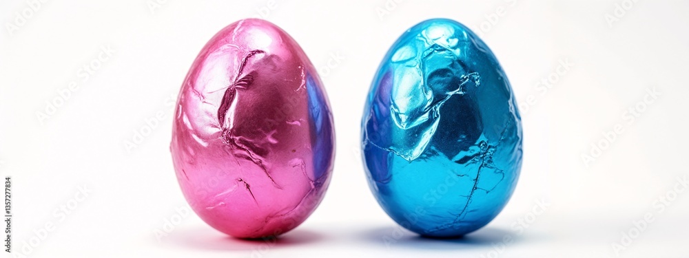 A close up of two chocolate eggs on a white surface. A close up of two chocolate eggs on a white surface.