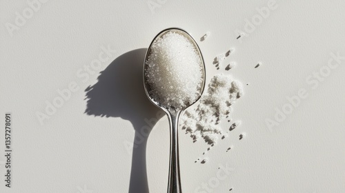 Silver Spoon Full of White Sugar with Shadow on Plain Background in Studio Food Still Life Shot