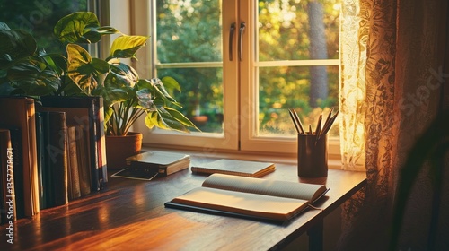 Warm sunlight flows through the window illuminating a cozy workspace featuring books plant pencils and open notebook