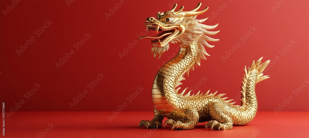 Fototapeta premium Golden Dragon Sculpture on Red Background Symbol of Lunar New Year, Tradition, and Prosperity.