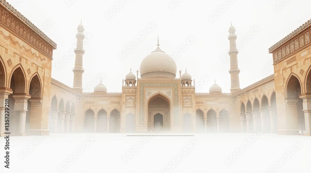 Obraz premium Grand Mosque Architecture with Minarets and Arches Under Foggy Weather