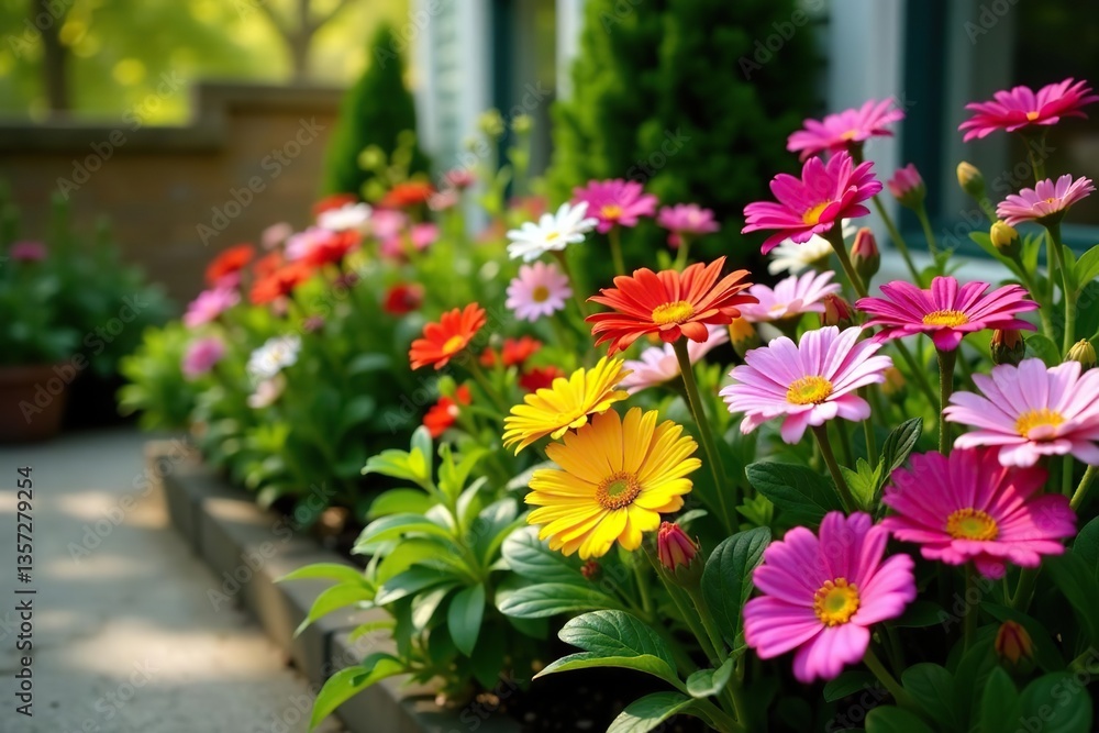 Fototapeta premium A vibrant collection of various flowers and plants displayed in a small garden, botanical, beautiful