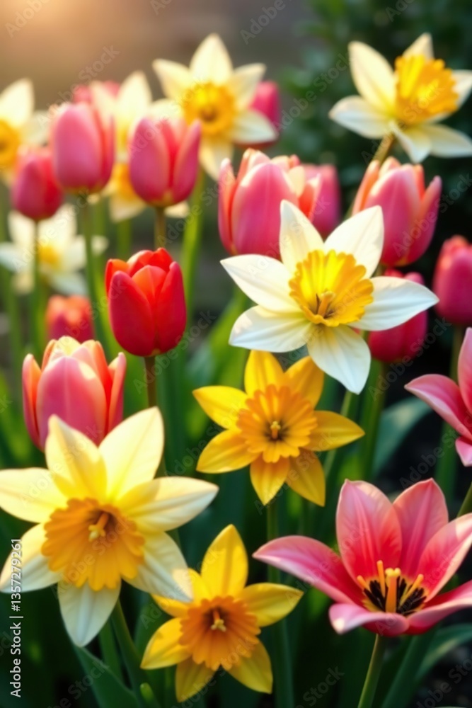 Fototapeta premium A vibrant collection of tulips, daffodils, cherry blossoms, and lilies in full bloom, colorful, seasonal