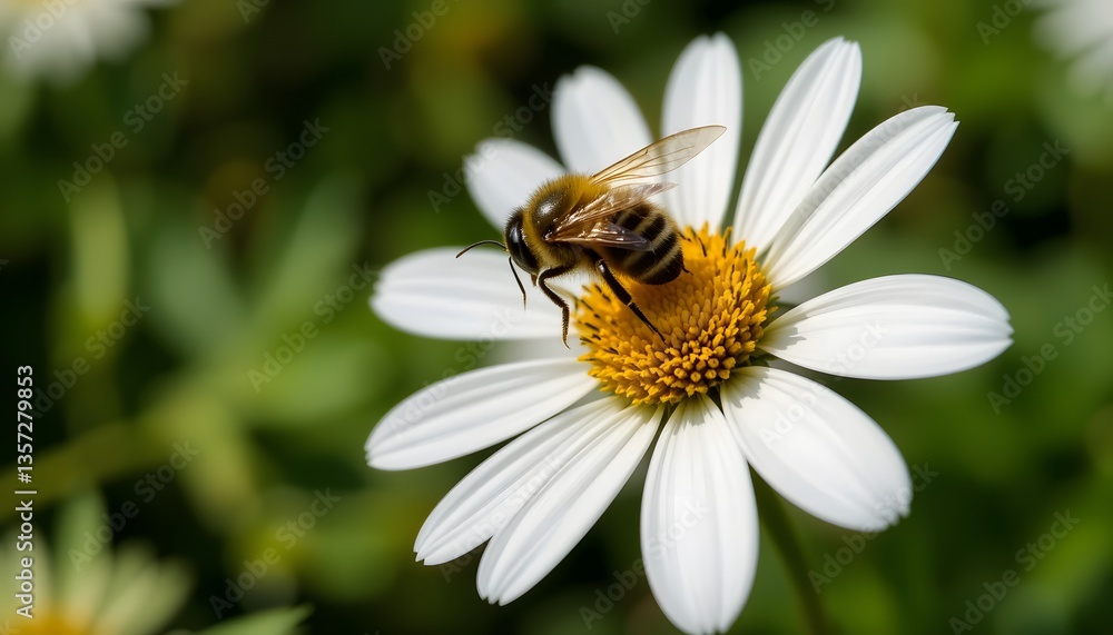Bee Pollinating on White Daisy with Green Foliage Backdrop Bee Pollinating on White Daisy with Green Foliage Backdrop