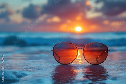 Wallpaper Mural Sunglasses sit on the wet sand as the sun sets on the horizon. Waves gently lap at the shore, creating a tranquil atmosphere during golden hour Torontodigital.ca