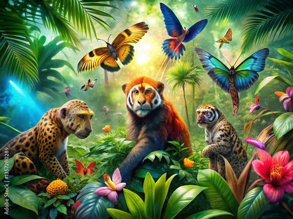 Fototapeta premium Double Exposure: Tropical Rainforest Animals & Lush Foliage - Stock Photo