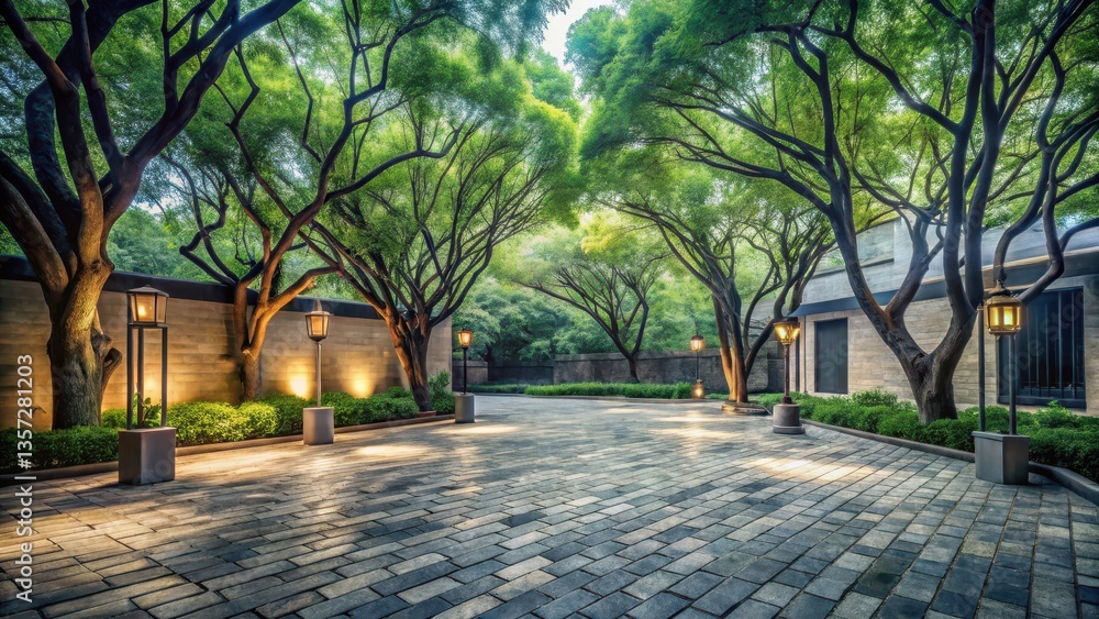 Fototapeta premium Serene Evening Ambiance A Picturesque Pathway Illuminated by Soft Lighting Underneath a Canopy of Lush Green Trees, Leading to a Tranquil Building