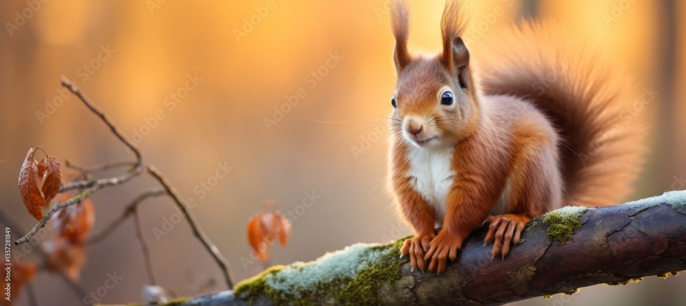Obraz premium Red Squirrel on a Mossy Branch at Sunset, Adorable Woodland Creature in Autumn Colors