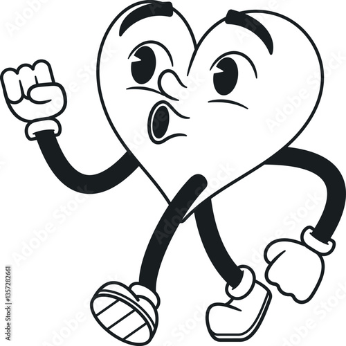 Black-and-white carefree heart emoticon walking