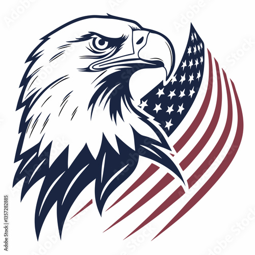 This is a patriotic illustration of a bald eagle with its wings spread wide, decorated in the American flag colors. The design represents strength, freedom, and national pride, often used in military,