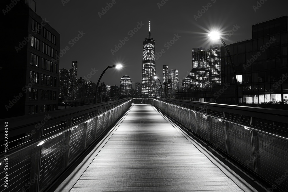 Fototapeta premium Moody monochrome view of Staple street skybridge by night, in Tribeca, New York City