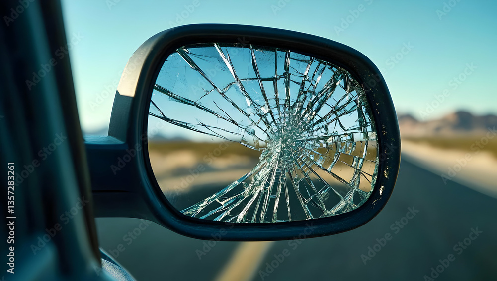 A close-up of a shattered side mirror reflecting the open road, highlighting the contrast between damage and freedom of travel. A close-up of a shattered side mirror reflecting the open road, highlighting the contrast between damage and freedom of travel.