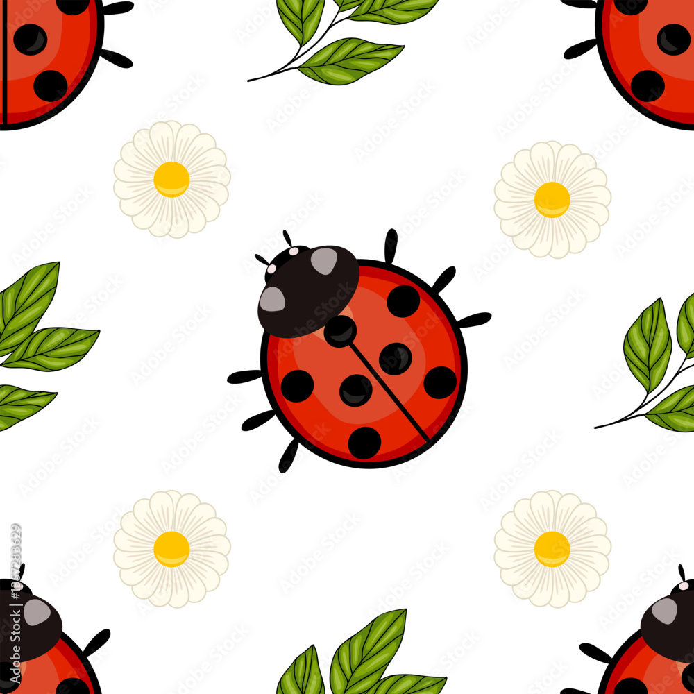 Obraz premium A seamless vector pattern featuring ladybugs, daisies, and green leaves on a white background. The ladybugs are bright red with black spots, while the daisies are white with yellow centers.