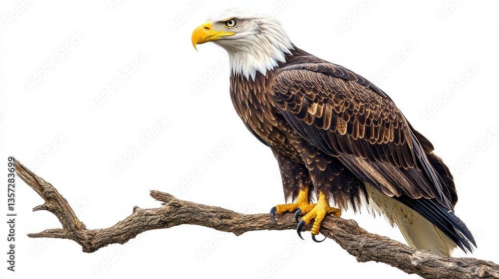 Obraz premium A majestic eagle perched on a branch, isolated on a transparent white background 