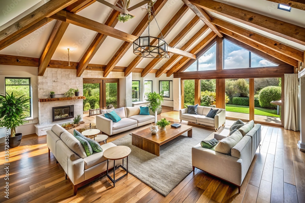 Naklejka premium Modern Living Room with Vaulted Ceiling, White Sofas, Timber Beams - Aerial View