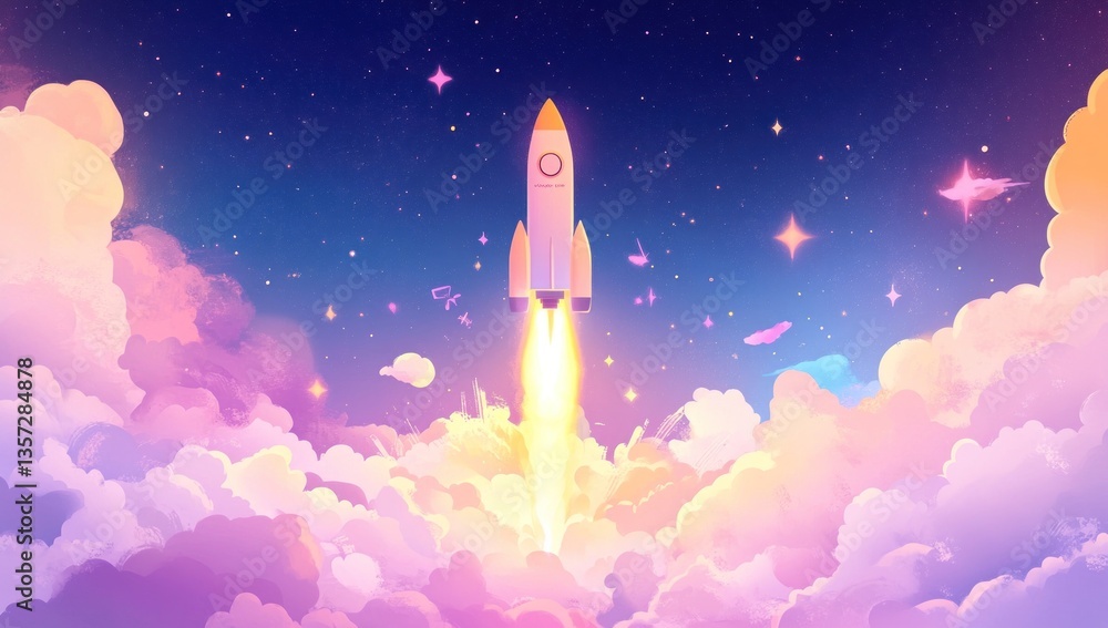 Naklejka premium A rocket ship blasts off towards the stars above colorful clouds