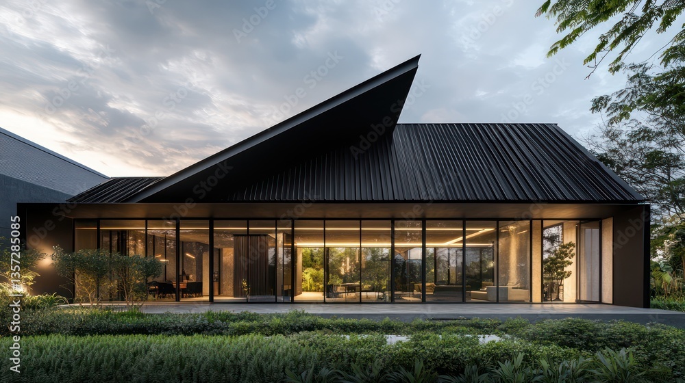 A contemporary house with a sleek black roof made of matte metal panels, expansive glass windows framing the interior, and surrounded by a lush green landscape A contemporary house with a sleek black roof made of matte metal panels, expansive glass windows framing the interior, and surrounded by a lush green landscape