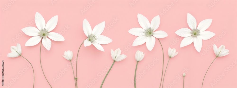A group of white flowers on a pink background. A group of white flowers on a pink background.