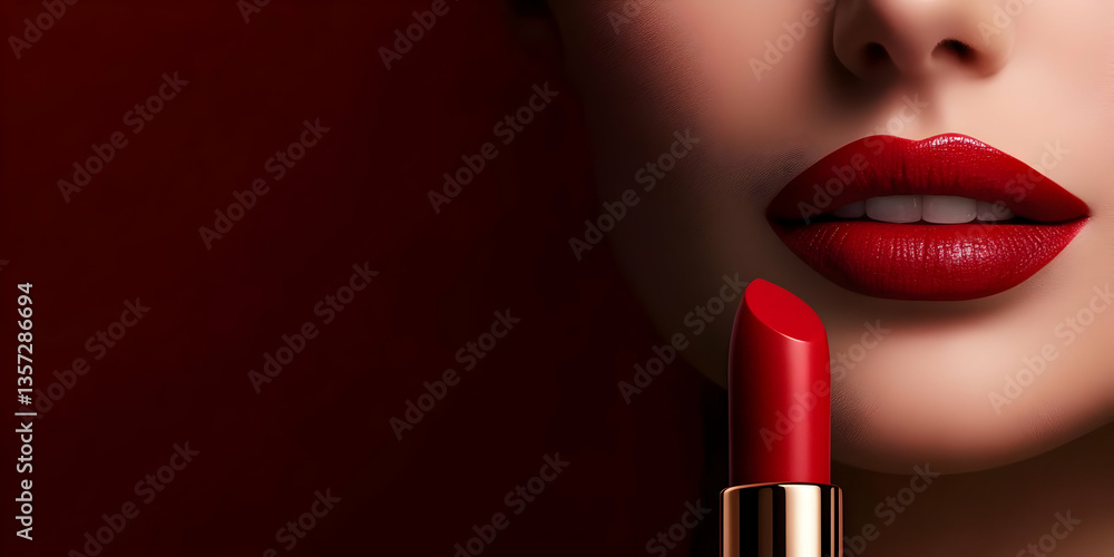 Obraz premium A close-up of stunning red lipstick applied to luscious lips, conveying elegance and beauty against a vibrant red background.