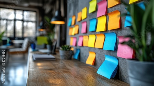 Wallpaper Mural Office Workspace with Bright Sticky Notes on Wall and Wooden Desk Torontodigital.ca