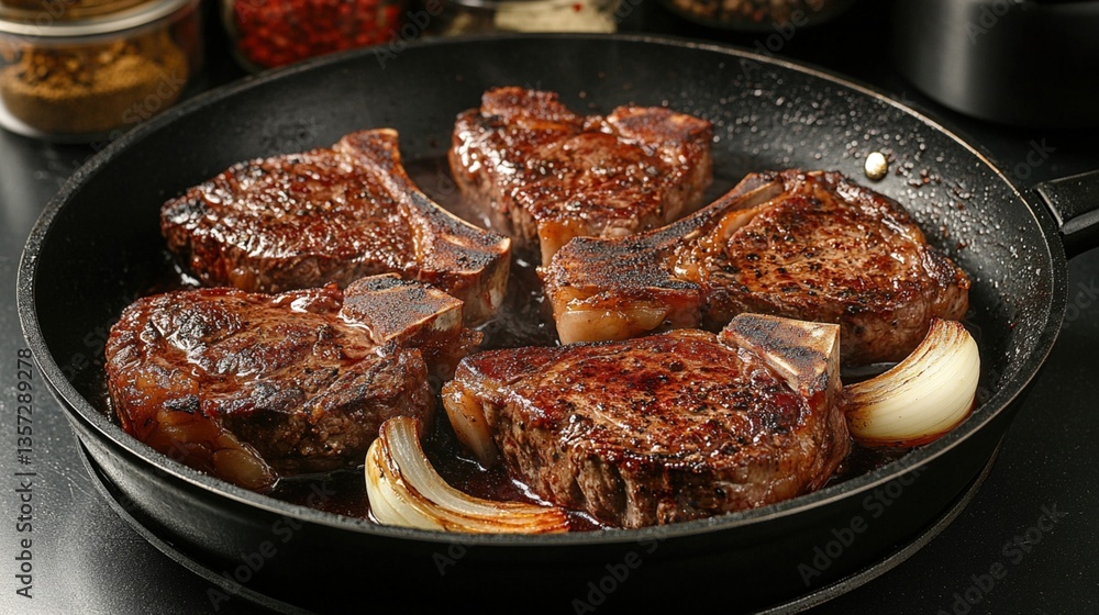 Fototapeta premium Sizzling steaks in a pan (5)
