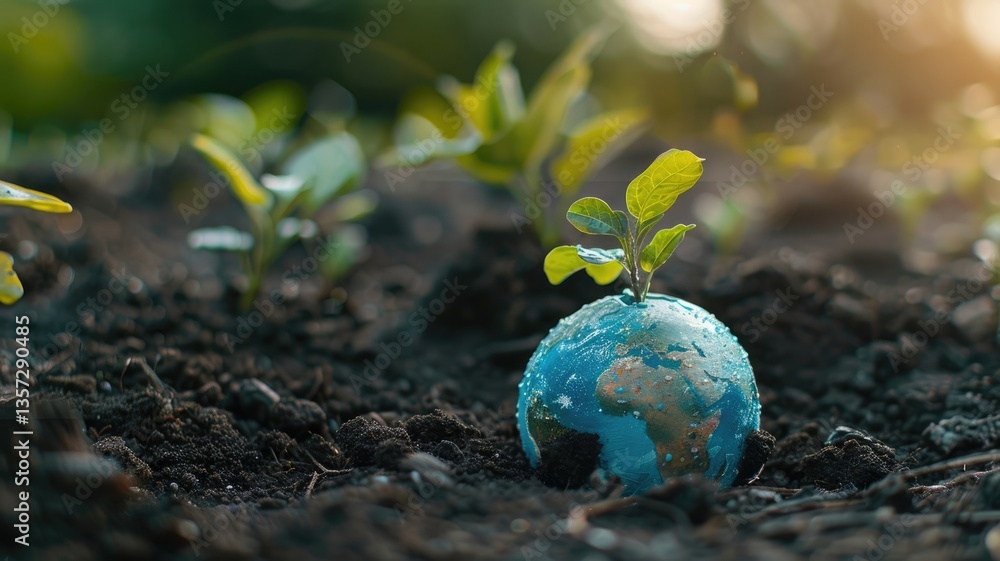 Abstract picture of globe with sprout plant on soil represent safety of world by human living sustainable life use friendly energy to save earth. Concept of eco environment and green business. AIG53. Abstract picture of globe with sprout plant on soil represent safety of world by human living sustainable life use friendly energy to save earth. Concept of eco environment and green business. AIG53.