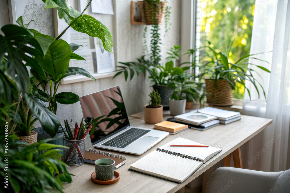 Fototapeta premium A serene workspace featuring a laptop, notepad, and various indoor plants, creating a calming and inspiring environment for productivity.