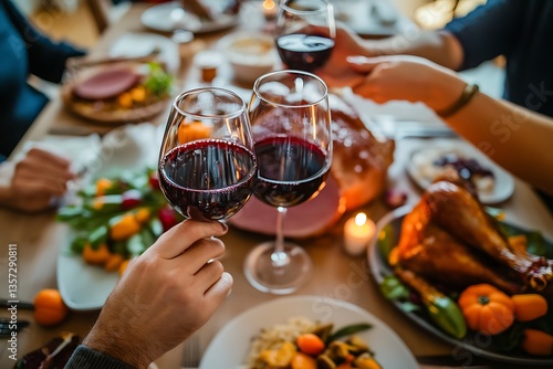 Toasting with wine glasses, holiday meal with family, Ultra HD photo