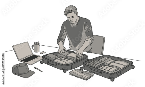 Young man packing clothes into suitcase at a desk  