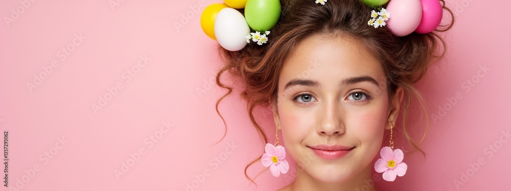 A woman with a bunch of colorful eggs on her head. A woman with a bunch of colorful eggs on her head.