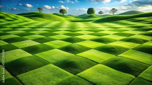 Wallpaper Mural Serene Checkerboard Landscape of Undulating Green Hills and Solitary Trees Under a Bright Sky Torontodigital.ca