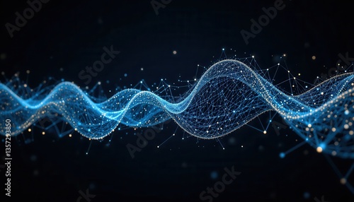 Digital Waves: The digital realm comes to life with elegant flowing waves of light, forming a complex network of connection points, dancing across a dark, abstract backdrop.